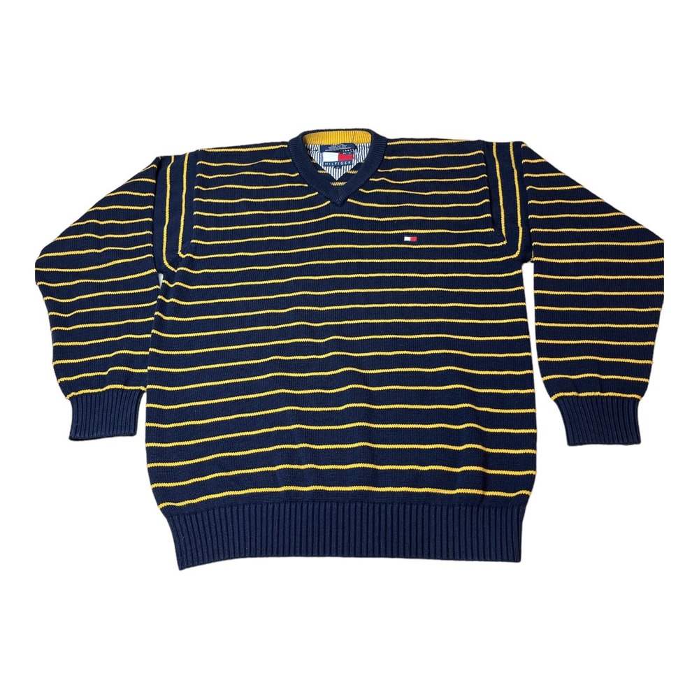 Tommy Hilfiger Sweater Large Yellow Blue Striped Vintage Crest Chest Logo Flag